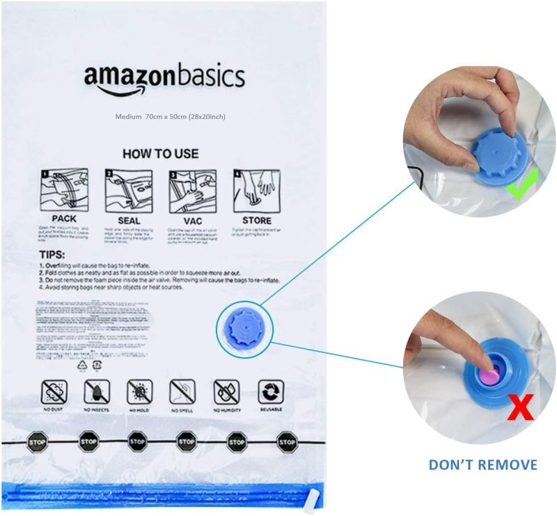 Amazon Basics Vacuum Compression Zipper Storage Bags with Airtight Valve and Hand Pump, Large, 5-Pack, Clear - 图片 33