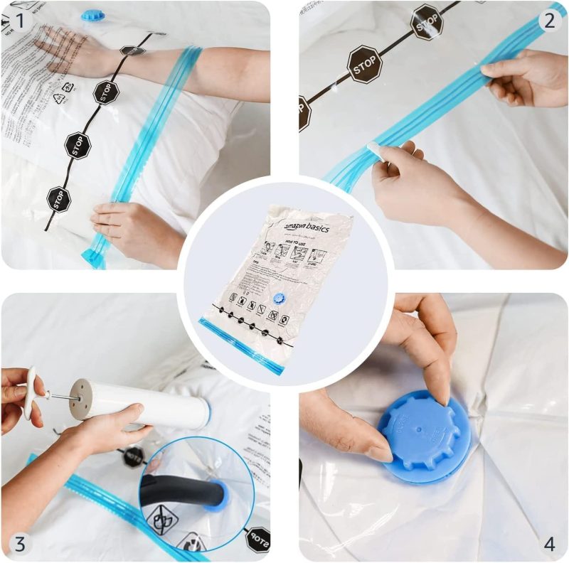 Amazon Basics Vacuum Compression Zipper Storage Bags with Airtight Valve and Hand Pump, Large, 5-Pack, Clear - 图片 32