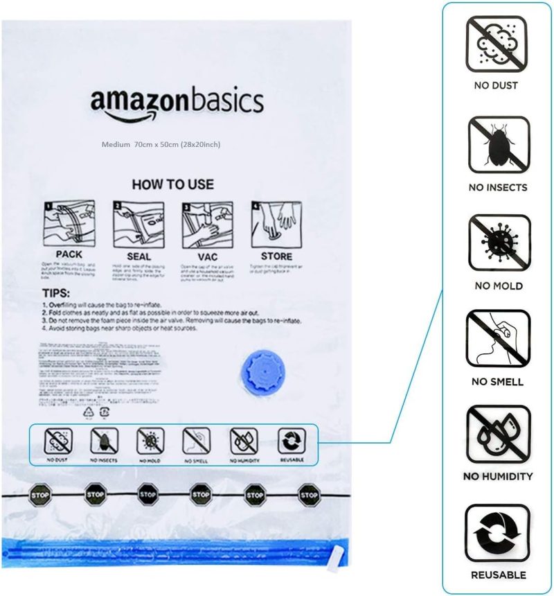 Amazon Basics Vacuum Compression Zipper Storage Bags with Airtight Valve and Hand Pump, Large, 5-Pack, Clear - 图片 16