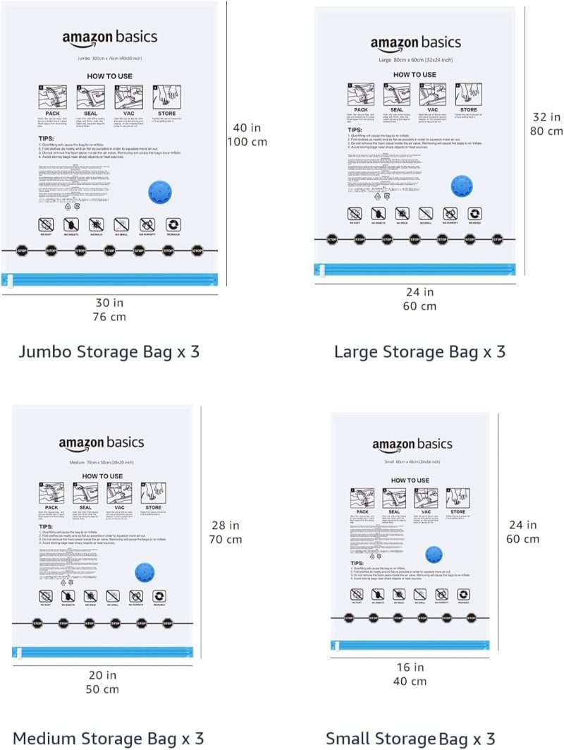 Amazon Basics Vacuum Compression Zipper Storage Bags with Airtight Valve and Hand Pump, Large, 5-Pack, Clear - 图片 34