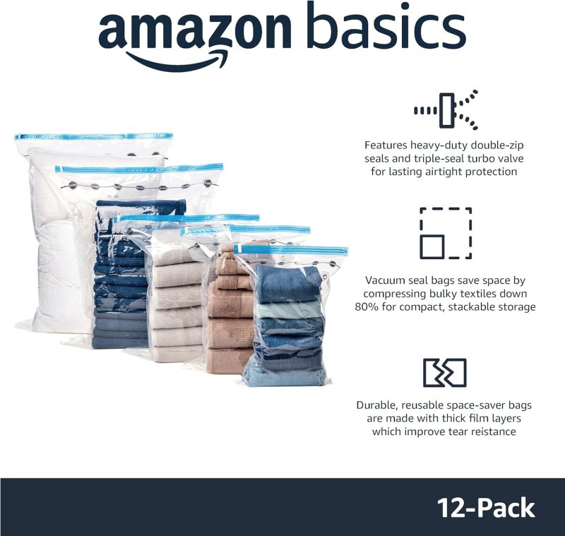 Amazon Basics Vacuum Compression Zipper Storage Bags with Airtight Valve and Hand Pump, Large, 5-Pack, Clear - 图片 31