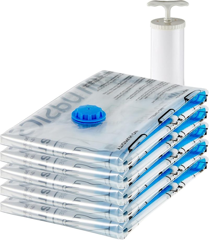 Amazon Basics Vacuum Compression Zipper Storage Bags with Airtight Valve and Hand Pump, Large, 5-Pack, Clear - 图片 35