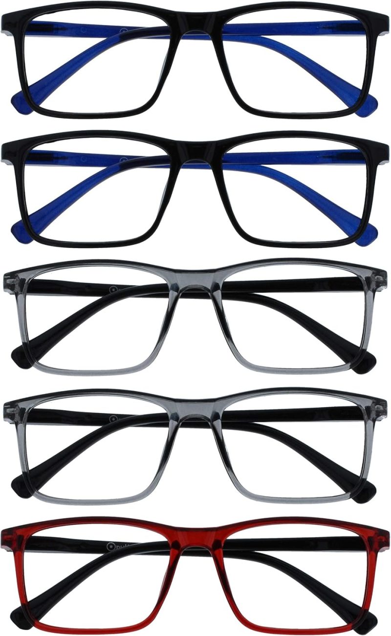 OPULIZE Ink Reading Glasses 5 Pack Large Rectangular Frame Spring Hinges Scratch Resistant Mens Womens RRRRR4