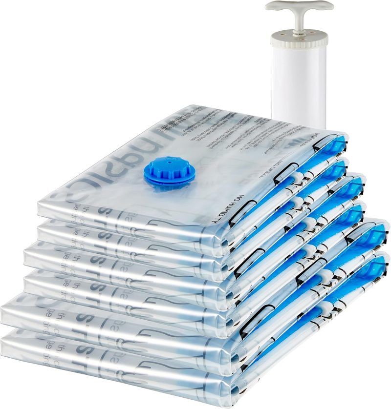 Amazon Basics Vacuum Compression Zipper Storage Bags with Airtight Valve and Hand Pump, Large, 5-Pack, Clear - 图片 12