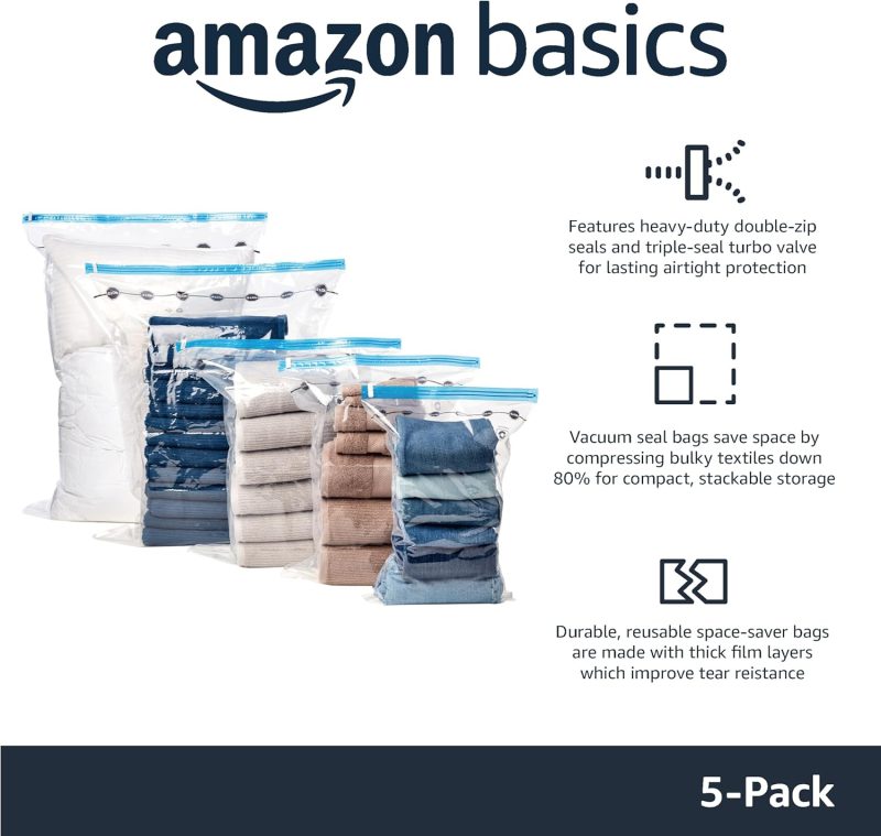 Amazon Basics Vacuum Compression Zipper Storage Bags with Airtight Valve and Hand Pump, Large, 5-Pack, Clear - 图片 20