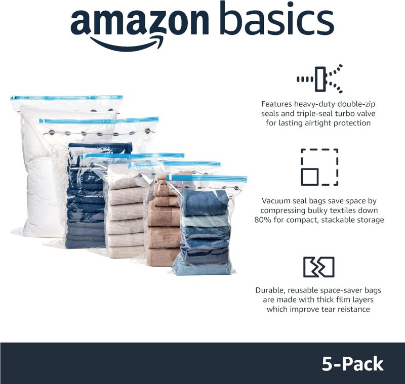 Amazon Basics Vacuum Compression Zipper Storage Bags with Airtight Valve and Hand Pump, Large, 5-Pack, Clear - 图片 36