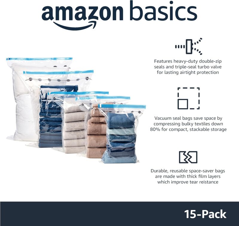 Amazon Basics Vacuum Compression Zipper Storage Bags with Airtight Valve and Hand Pump, Large, 5-Pack, Clear - 图片 24
