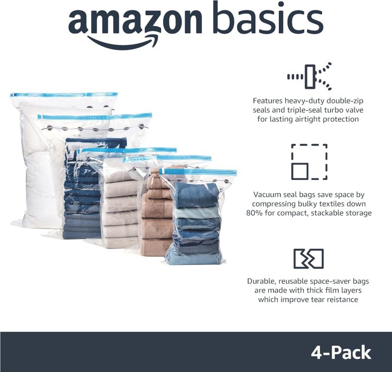 Amazon Basics Vacuum Compression Zipper Storage Bags with Airtight Valve and Hand Pump, Large, 5-Pack, Clear - 图片 27