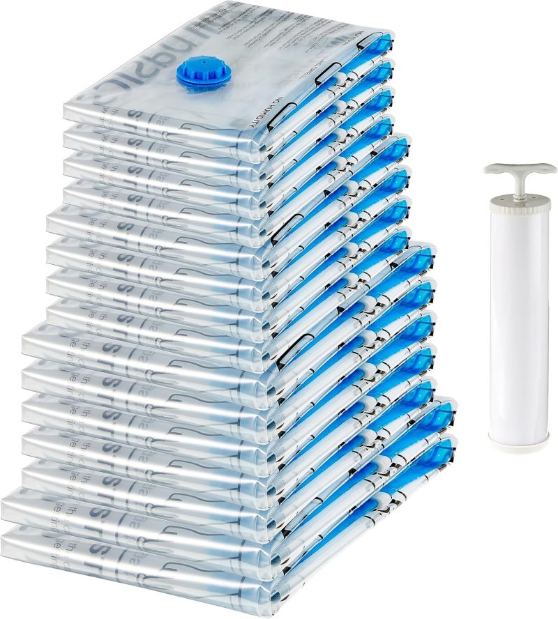 Amazon Basics Vacuum Compression Zipper Storage Bags with Airtight Valve and Hand Pump, Large, 5-Pack, Clear - 图片 23