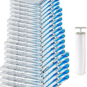 Amazon Basics Vacuum Compression Zipper Storage Bags with Airtight Valve and Hand Pump, Large, 5-Pack, Clear