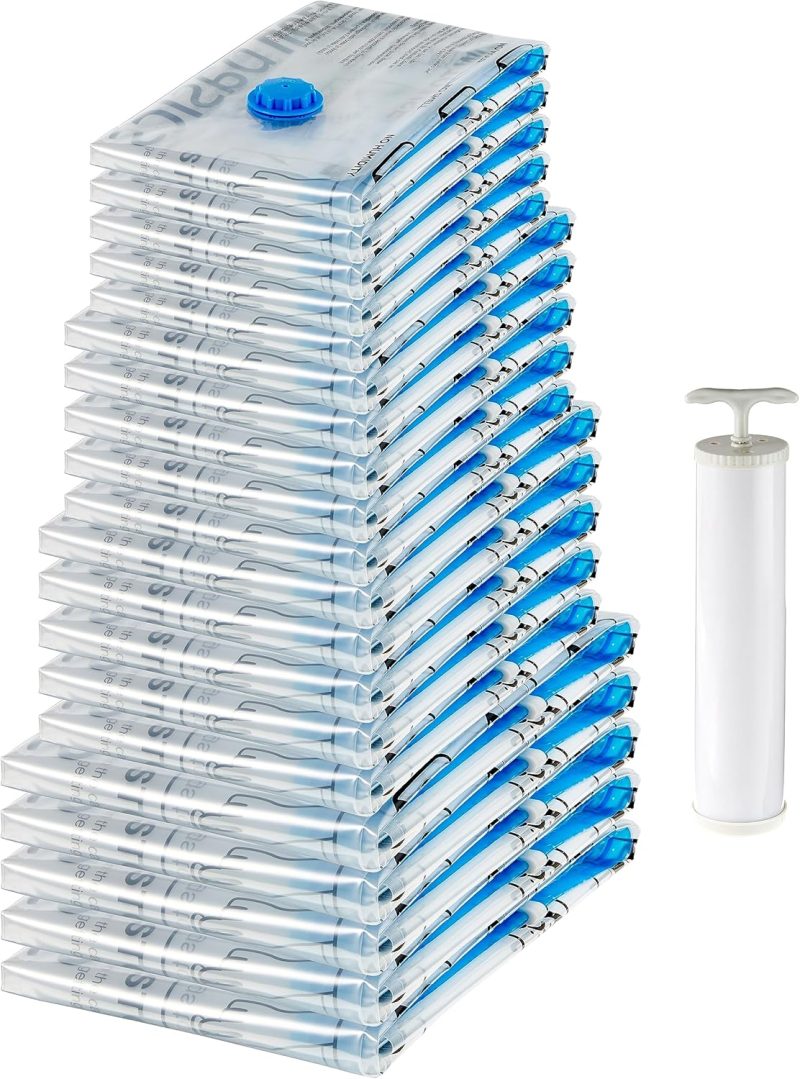 Amazon Basics Vacuum Compression Zipper Storage Bags with Airtight Valve and Hand Pump, Large, 5-Pack, Clear